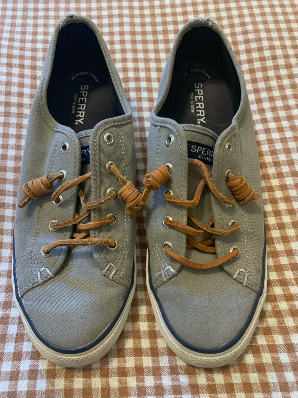 Sperry Grey Canvas Boat Shoes with Carmel Leather Laces